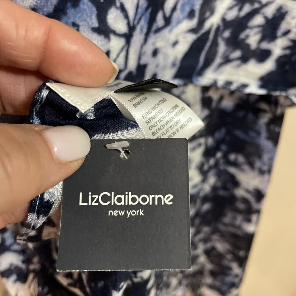 Liz Claiborne Abstract Floral Scarf Shawl Wrap 26X80" Navy Fringe Boho NWT - Picture 7 of 9